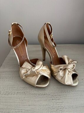 BCBGMaxAzria Metallic Gold Knotted Peep-Toe Ankle-Strap Heels
